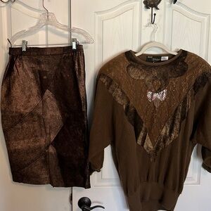 Graced by Starr copper suede skirt /lace leather suede trim sweater szM